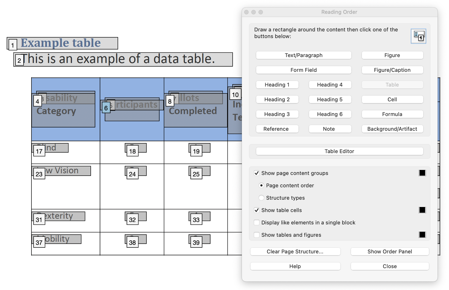 Table in the Reading Order tool.